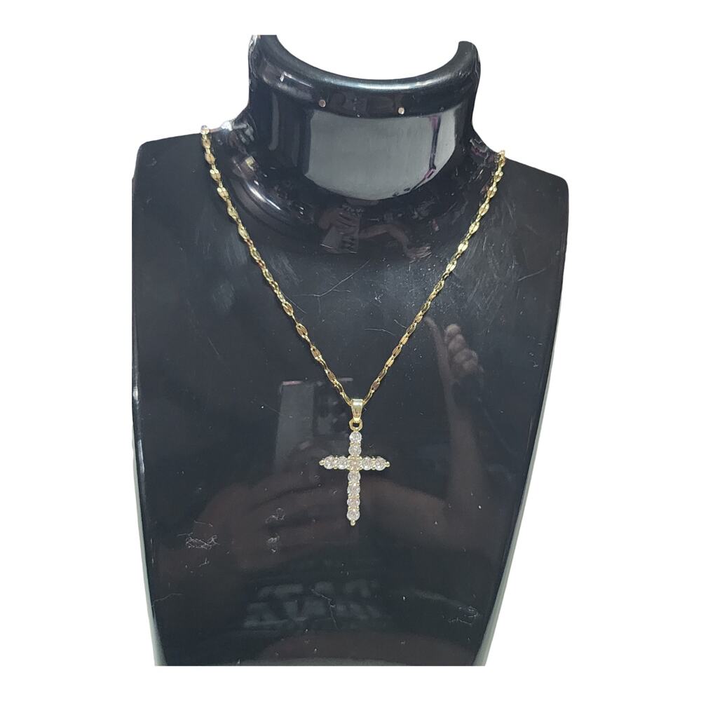 NWOT Gold Plated Stainless Steel Cross Pendant Necklace 18" CZ Crystal